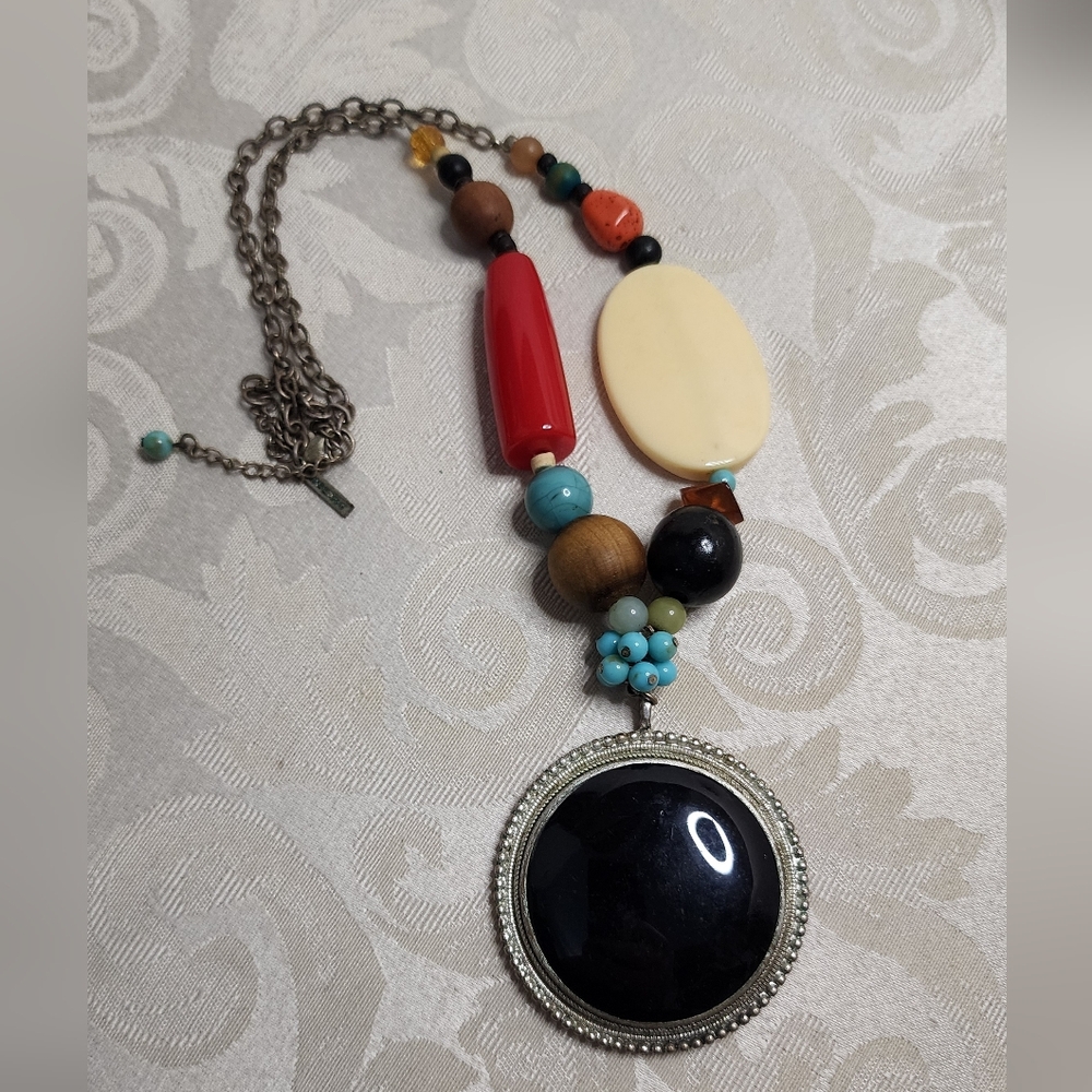 VINTAGE LANE BRYANT ARTISAN STATEMENT NECKLACE OVERSIZED PENDANT COLORFUL BEADS - Picture 10 of 10